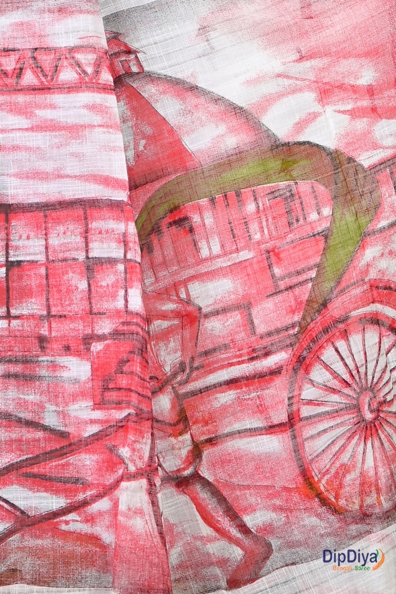 White Red Pure Cotton Soher Printed Handloom Saree (605)